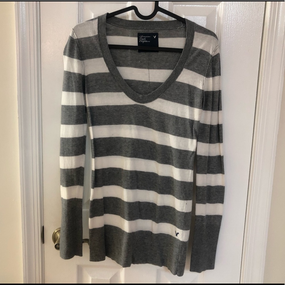Gray & White Striped Scoop Neck Sweater